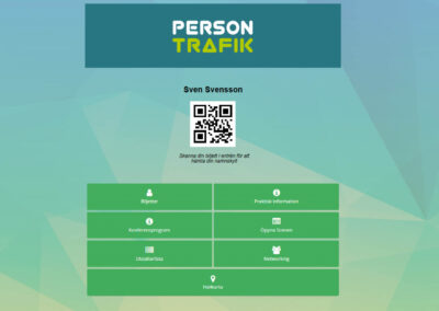 Persontrafiks webbapp med personlig biljett och QR-kod samt genvägar till praktisk information, konferensprogram, öppna scenen, utställarlista, networking och hallkarta.