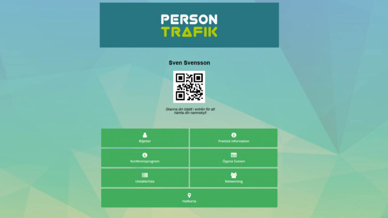 Persontrafiks webbapp med personlig biljett och QR-kod samt genvägar till praktisk information, konferensprogram, öppna scenen, utställarlista, networking och hallkarta.
