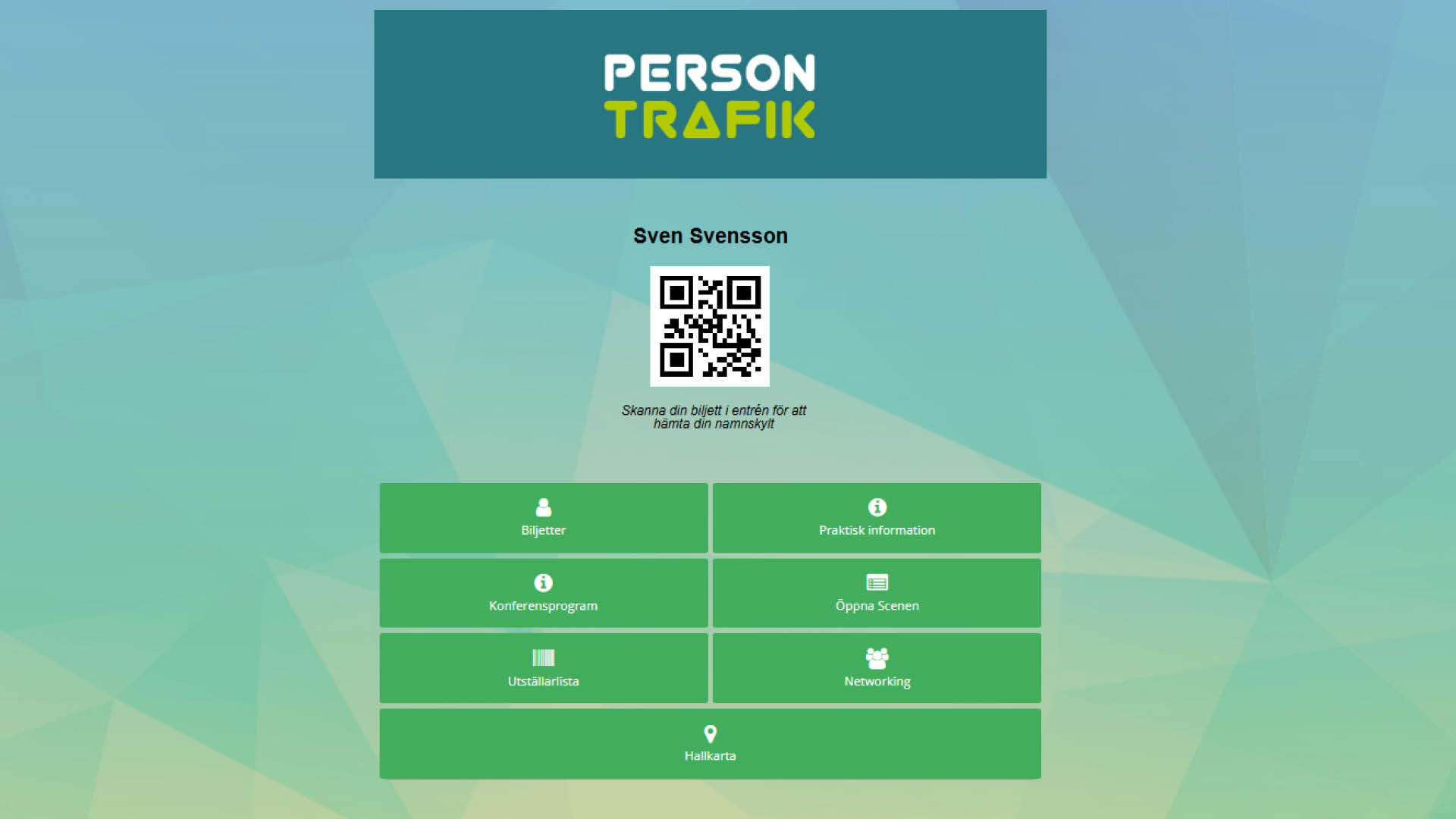 PT_Webbapp_1920x1080px Persontrafiks webbapp med personlig biljett och QR-kod samt genvÀgar till praktisk information, konferensprogram, öppna scenen, utstÀllarlista, networking och hallkarta.