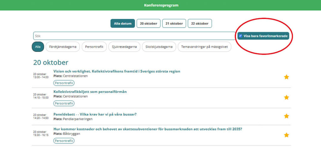 Persontrafiks konferensprogram i webbappen med filtrering efter datum och ÀmnesomrÄde samt möjlighet att favoritmarkera programpunkter.