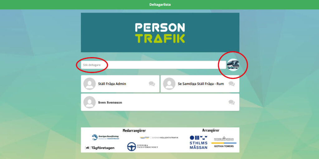 Persontrafiks webbapp med deltagarlista, sökfunktion för att hitta andra deltagare och möjlighet att starta en chatt.