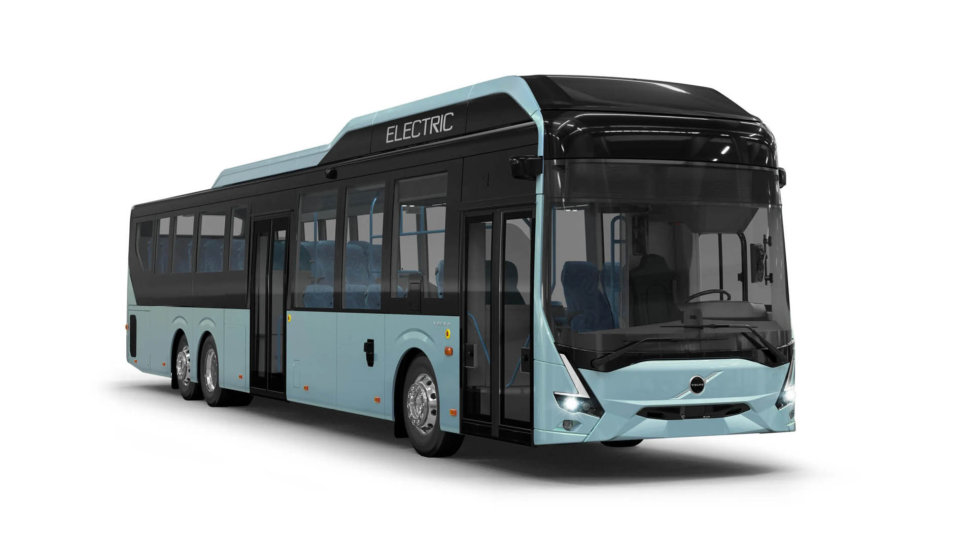 Ljusblå Volvo 8900 Electric, en helelektrisk buss, fotograferad mot vit bakgrund.