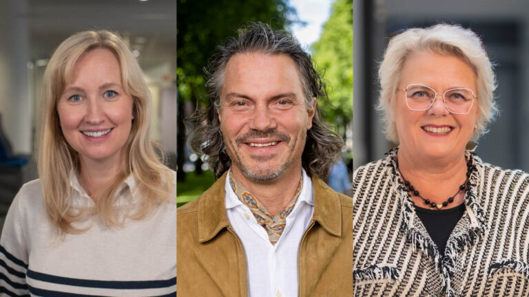 Porträttbilder på tre leende personer placerade sida vid sida: en blond kvinna i ljus tröja, en man med halvlångt gråsprängt hår och brun jacka samt en kvinna med kort ljust hår, glasögon och svartvit mönstrad jacka.