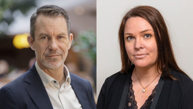 Porträttbilder sida vid sida av en man med kort gråbrunt hår och skägg, klädd i mörkblå kavaj och vit skjorta, samt en kvinna med långt brunt hår, svart kavaj och spetsblus.